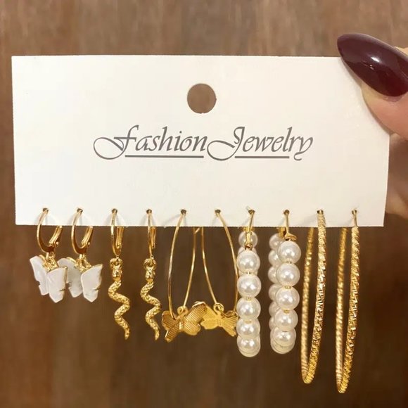 😈6 Pairs Earring lot, Gold/Pearl Fashion Earrings Pearl Dangle Gold Hoop😈 - Picture 2 of 2